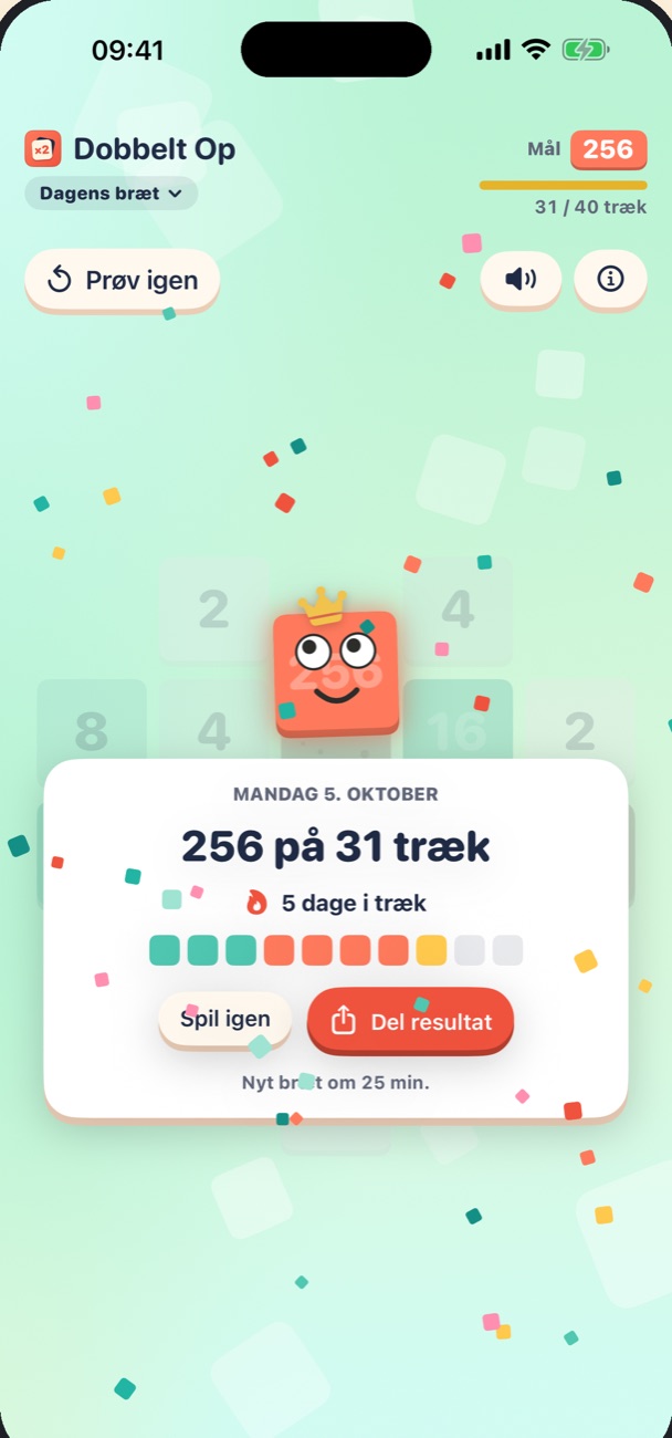 Dagens bræt løst, med resultatkortet og en stime på fem dage